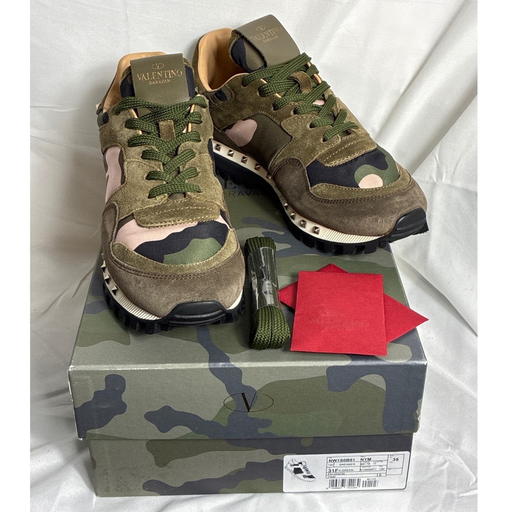 Valentino Garavani Rockrunner Camo Sneakers Green Pink Studded NW1S0B51 Size 35